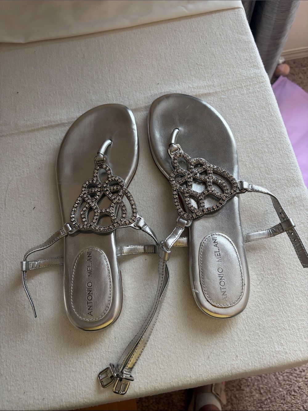 ANTONIO MELANI Metallic Silver Jeweled T-Strap Sandals